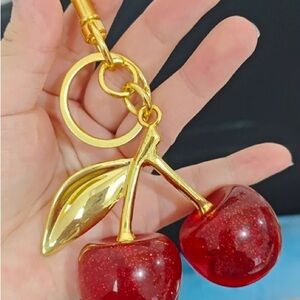 Gold Cherry Keychain Card Holder - Red Cherry Charm